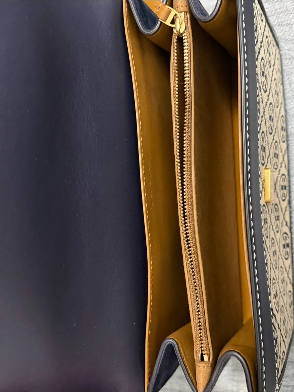 Tory Burch Navy and Beige Logo Jacquard Shoulder Bag with Gold Hardware